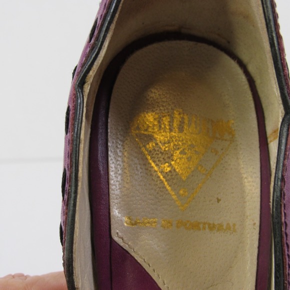 John Fluevog Hepburn Purple Leather Black Stitching Pumps Heels Open Toe - Picture 9 of 13